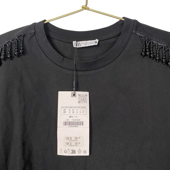 Zara Women's Short Sleeve Tee Shirt Beaded Shoulders‎ Solid Black Size S WP435 - Picture 4 of 8